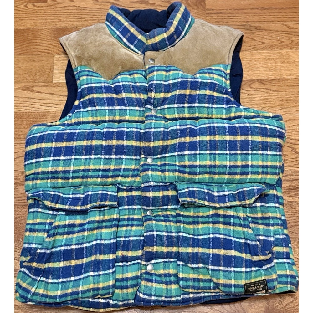 Polo Ralph Lauren Denim Supply Plaid Vest Gilet Quilt Suede Chunky Large FLAWS